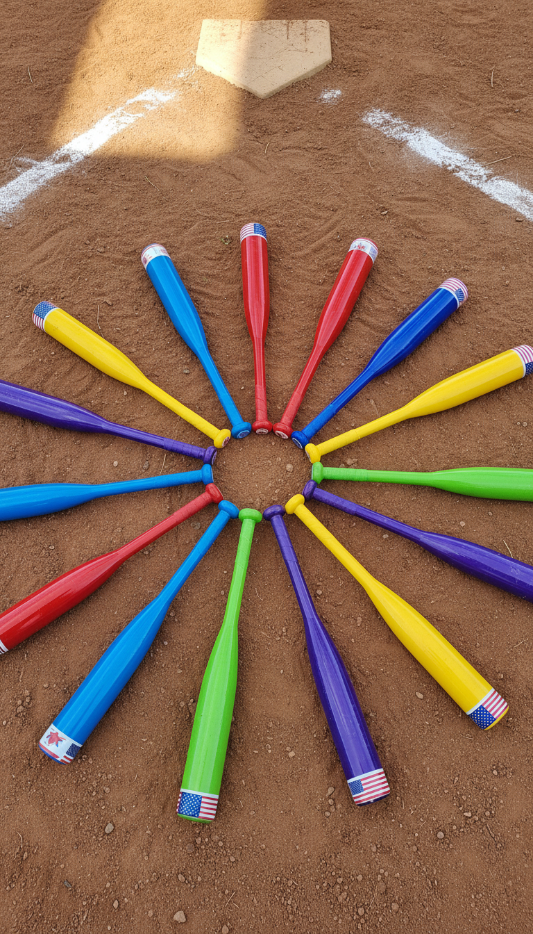 A collection of bright, multi-colored youth baseball bats crafted from glossy aluminum and arranged in a dynamic, fanned-out circle on a smooth, sunlit clay infield near third base. The bats' ends sport playful rounded caps featuring Granada and American flag motifs. Dappled sunlight streams onto the bats, creating sparkling highlights and vivid, lively reflections. The surrounding infield dirt is textured and freshly raked, with bases and white chalk lines visible in the softened background. The composition uses a close top-down, bird’s eye perspective, emphasizing the energetic pattern and rounded shapes. The mood is fun and vibrant, with photographic realism and a bold, colorful atmosphere reminiscent of a camp’s welcoming spirit.