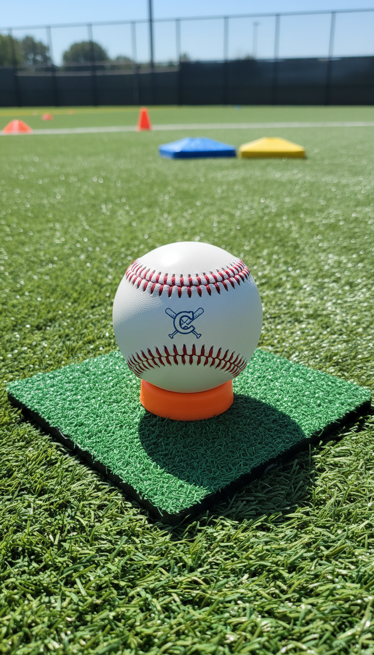 A whimsical view of a classic, red-stitched white baseball positioned perfectly atop a small, neon orange tee, placed at the heart of a diamond-shaped patch of emerald artificial turf. The baseball’s texture is pronounced, with shiny leather and detailed seams, and a subtle camp logo is visible in blue ink. Bright, natural midday sunlight creates crisp highlights on the ball and soft, playful shadows that mimic the diamond’s lines. In the distance, out-of-focus training cones and colorful bases suggest activity and motion. The mood is animated and youthful, with a saturated, photographic style and an energetic, asymmetrical rule-of-thirds composition.