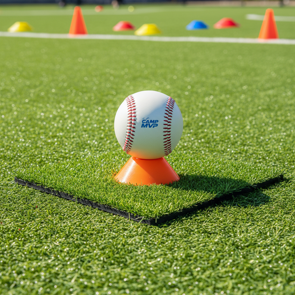 A whimsical view of a classic, red-stitched white baseball positioned perfectly atop a small, neon orange tee, placed at the heart of a diamond-shaped patch of emerald artificial turf. The baseball’s texture is pronounced, with shiny leather and detailed seams, and a subtle camp logo is visible in blue ink. Bright, natural midday sunlight creates crisp highlights on the ball and soft, playful shadows that mimic the diamond’s lines. In the distance, out-of-focus training cones and colorful bases suggest activity and motion. The mood is animated and youthful, with a saturated, photographic style and an energetic, asymmetrical rule-of-thirds composition.