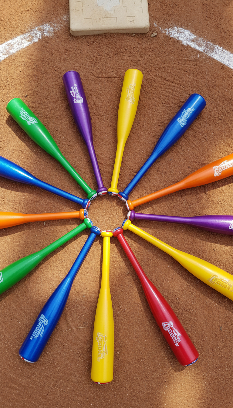A collection of bright, multi-colored youth baseball bats crafted from glossy aluminum and arranged in a dynamic, fanned-out circle on a smooth, sunlit clay infield near third base. The bats' ends sport playful rounded caps featuring Granada and American flag motifs. Dappled sunlight streams onto the bats, creating sparkling highlights and vivid, lively reflections. The surrounding infield dirt is textured and freshly raked, with bases and white chalk lines visible in the softened background. The composition uses a close top-down, bird’s eye perspective, emphasizing the energetic pattern and rounded shapes. The mood is fun and vibrant, with photographic realism and a bold, colorful atmosphere reminiscent of a camp’s welcoming spirit.