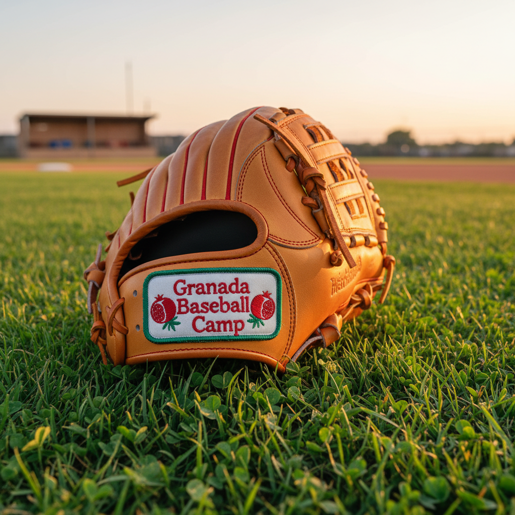 A vividly colored baseball glove made of supple tan leather, with bold red stitching and a playful embroidered Granada Baseball Camp patch on the wrist strap. The glove sits on the lush, vibrant green grass of a well-manicured baseball field, with small, round clover leaves scattered throughout the turf. Warm, late afternoon sunlight bathes the scene, accentuating the glove’s rounded contours and casting cheery, soft-edged shadows. The mood is energetic and inviting, encouraging curiosity and fun. Captured from a slight low angle in sharp focus, with a softly blurred infield and dugout in the distance. The composition follows a whimsical, photographic realism style, aligned with a playful personality and bursting with saturated color.