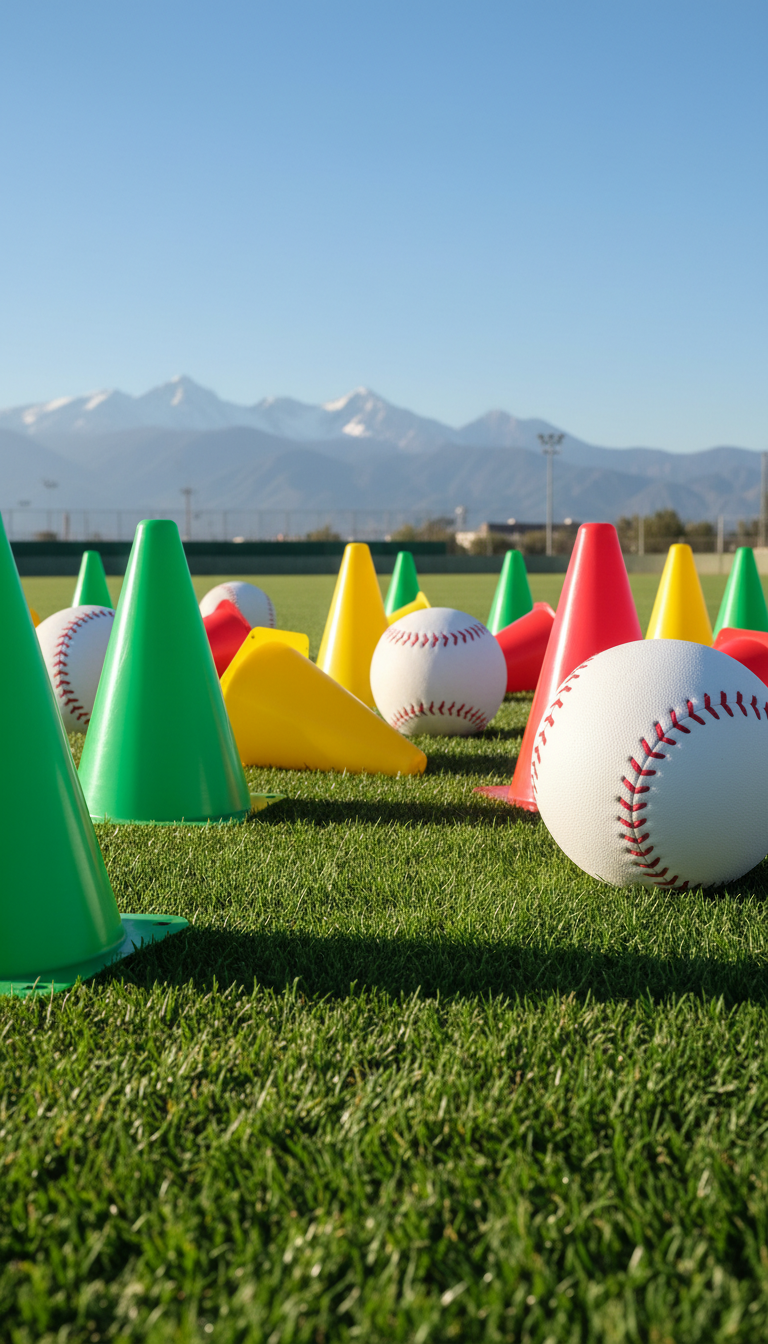 A playful cluster of bright green, yellow, and red training cones and soft foam baseballs scattered across the sunlit outfield grass, each object rounded and cartoonishly oversized for extra whimsy. The plush texture of the baseballs contrasts delightfully with the sleek shine of the cones. Crisp afternoon sunlight creates dynamic highlights and lively, rounded shadows on the ground. Behind, the blurred outlines of the Sierra Nevada mountains hint at the camp’s Granada, Spain location, adding local flavor. The composition is wide and low, designed to showcase energy and fun, using vibrant photographic realism with an energetic, colorful personality suited to the youth event theme.