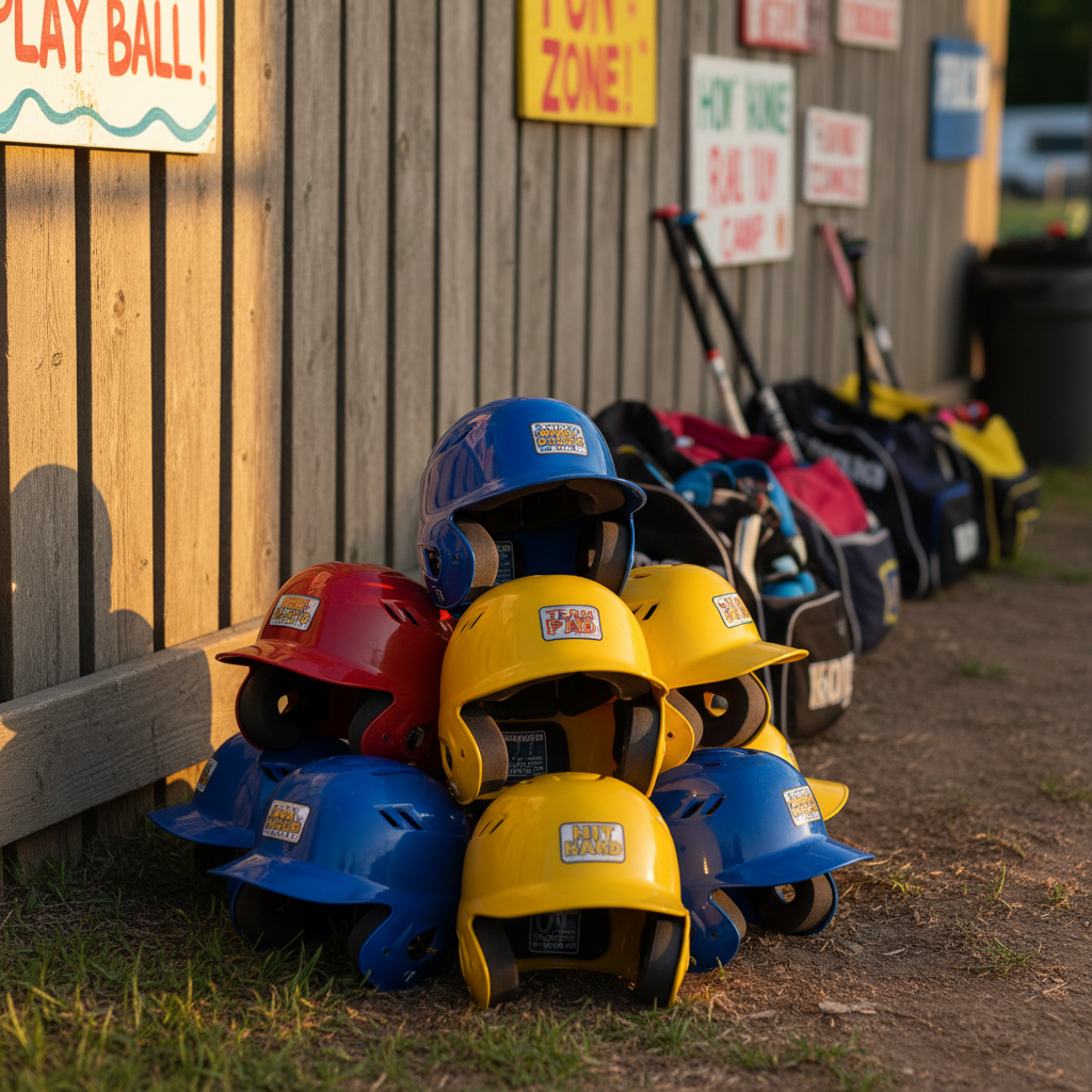 A neatly arranged assortment of vibrant, padded baseball helmets—each in shades of royal blue, vivid red, and lemon yellow—stacked in a rounded, pyramid formation beside a dugout fence. The helmets feature glossy finishes and soft, matte interior padding peeking out, with some sporting Spanish and English instruction stickers. Gentle early evening sun filters through the fence, casting lively shadows and rim-lighting the helmets’ curved edges. The background reveals a whimsical spray of baseball gear bags and playful signage, blurred just enough to keep focus on the helmets. Captured from eye level with a shallow depth of field and a colorful, photographic realism, the image radiates energy and playfulness, ideal for a youth baseball camp website.