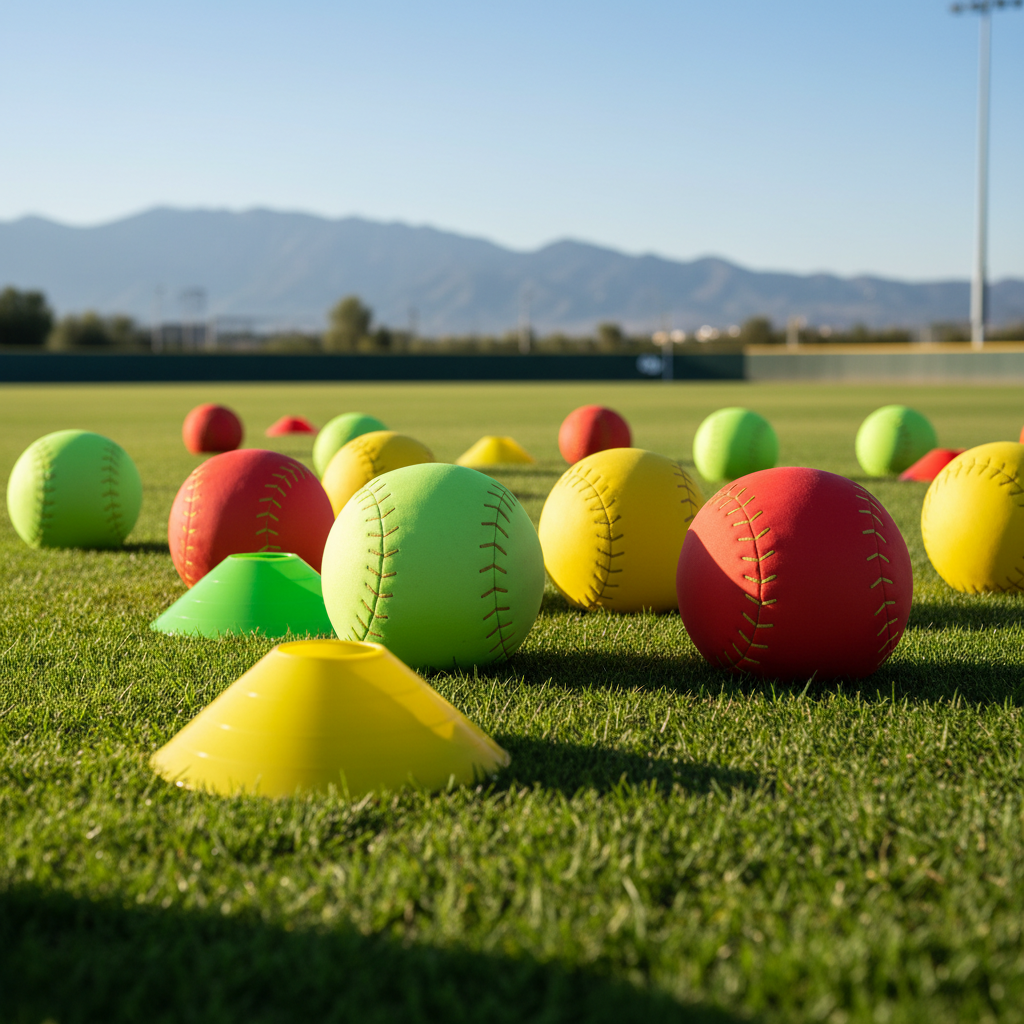 A playful cluster of bright green, yellow, and red training cones and soft foam baseballs scattered across the sunlit outfield grass, each object rounded and cartoonishly oversized for extra whimsy. The plush texture of the baseballs contrasts delightfully with the sleek shine of the cones. Crisp afternoon sunlight creates dynamic highlights and lively, rounded shadows on the ground. Behind, the blurred outlines of the Sierra Nevada mountains hint at the camp’s Granada, Spain location, adding local flavor. The composition is wide and low, designed to showcase energy and fun, using vibrant photographic realism with an energetic, colorful personality suited to the youth event theme.