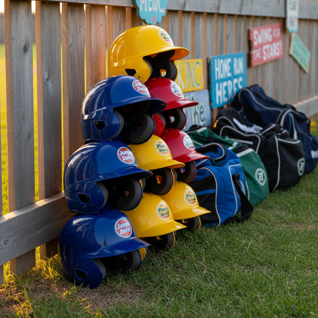 A neatly arranged assortment of vibrant, padded baseball helmets—each in shades of royal blue, vivid red, and lemon yellow—stacked in a rounded, pyramid formation beside a dugout fence. The helmets feature glossy finishes and soft, matte interior padding peeking out, with some sporting Spanish and English instruction stickers. Gentle early evening sun filters through the fence, casting lively shadows and rim-lighting the helmets’ curved edges. The background reveals a whimsical spray of baseball gear bags and playful signage, blurred just enough to keep focus on the helmets. Captured from eye level with a shallow depth of field and a colorful, photographic realism, the image radiates energy and playfulness, ideal for a youth baseball camp website.